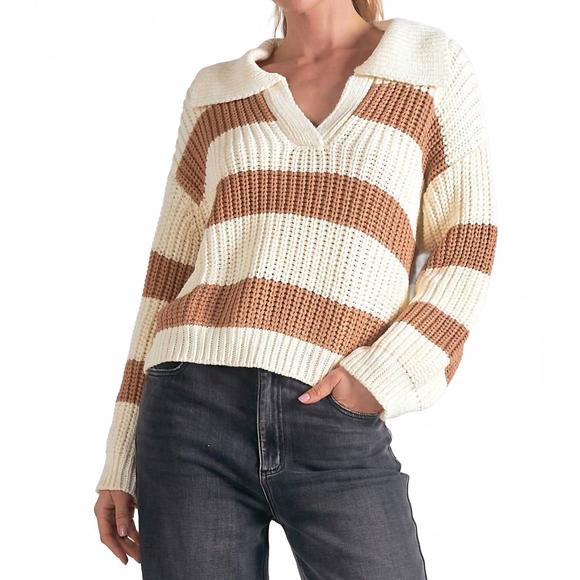 ELAN Sweaters - NEW ELAN striped v-neck collared sweater in camel